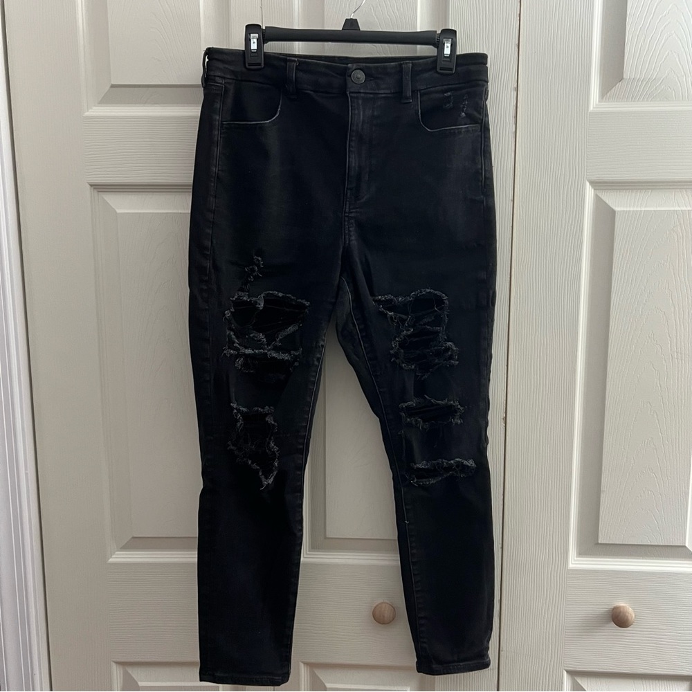 American Eagle Black Ripped Curvy High Rise Jegging Next Level Stretch 14 Short